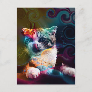 POSTAL ARTE DE GATO COLORIDO DIVERTIDO