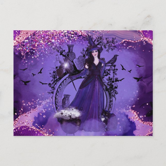 Postal Arte de gato de bruja de Halloween por Renee Lavoi (Anverso)