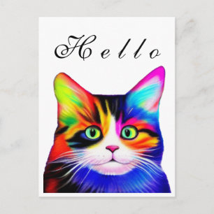 Postal Arte de gato Hello a rayas multicolores y arcoíris