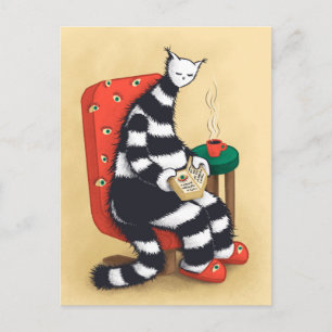Postal Arte de gato leyendo raro
