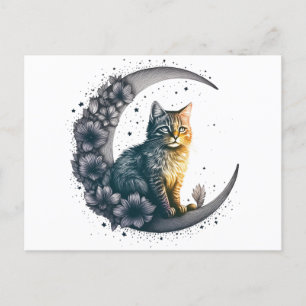 Postal Arte de gato romántico iluminado por luna