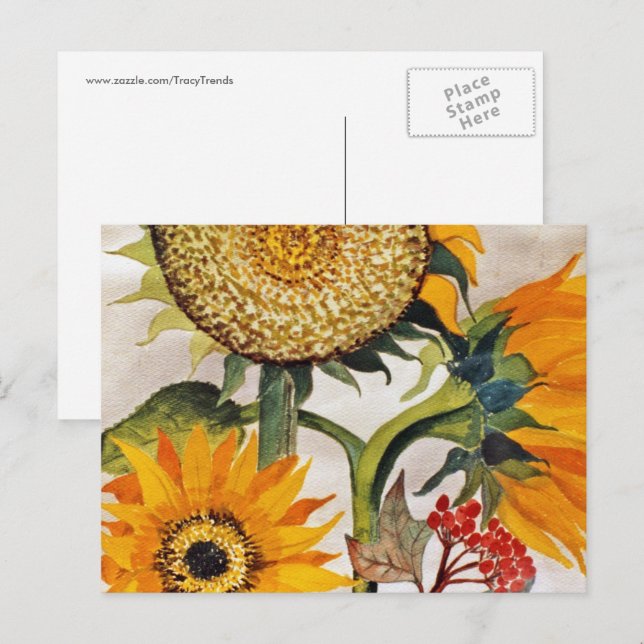 Postal Arte de girasol naranja amarillo plántula (Anverso / Reverso)