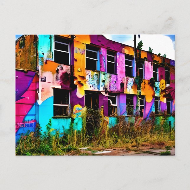 Postal Arte de grafiti rosa y púrpura | Edificio abandona (Anverso)