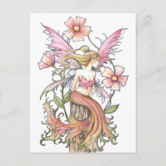 Postal Arte de Hada de Flor Rosa (Anverso)