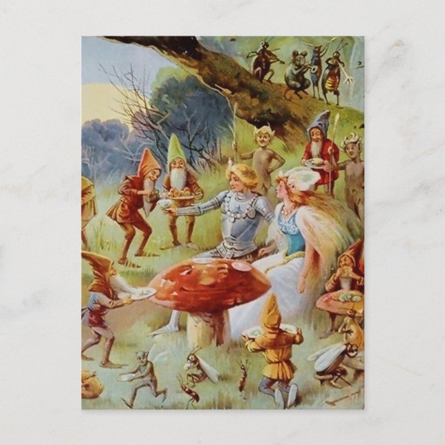 Postal Arte de hadas “El banquete” de E S Hardy (Anverso)