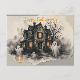 Postal “Arte de Halloween con brillo de fantasmas en casa