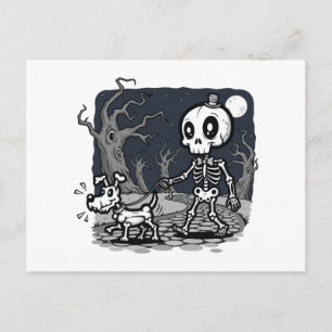 Postal Arte de Halloween de perro paseando esqueleto