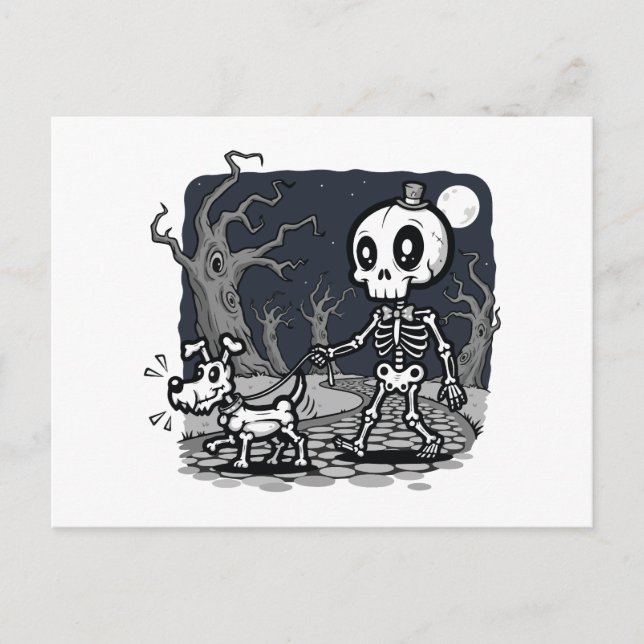 Postal Arte de Halloween de perro paseando esqueleto (Anverso)