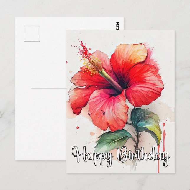 Postal Arte de hermosa flor de hibisco roja (Anverso / Reverso)
