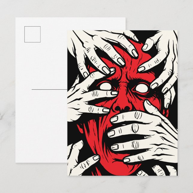 Postal Arte de Horror de Demonio Rojo Cubriendo Cara con  (Anverso / Reverso)