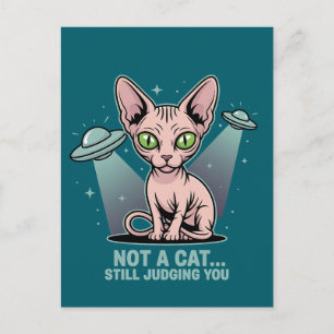 Postal Arte de humor alienígena OVNI gato Sphynx juzgando
