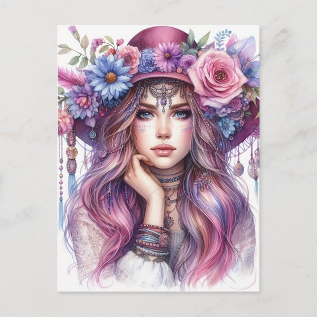 Postal Arte de IA de Chica Boho Moda Bohemia (Anverso)