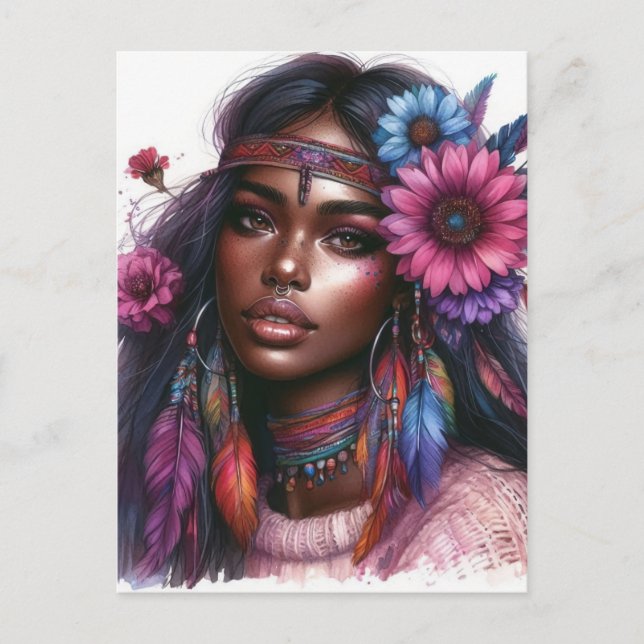 Postal Arte de IA de Chica Boho Moda Bohemia (Anverso)