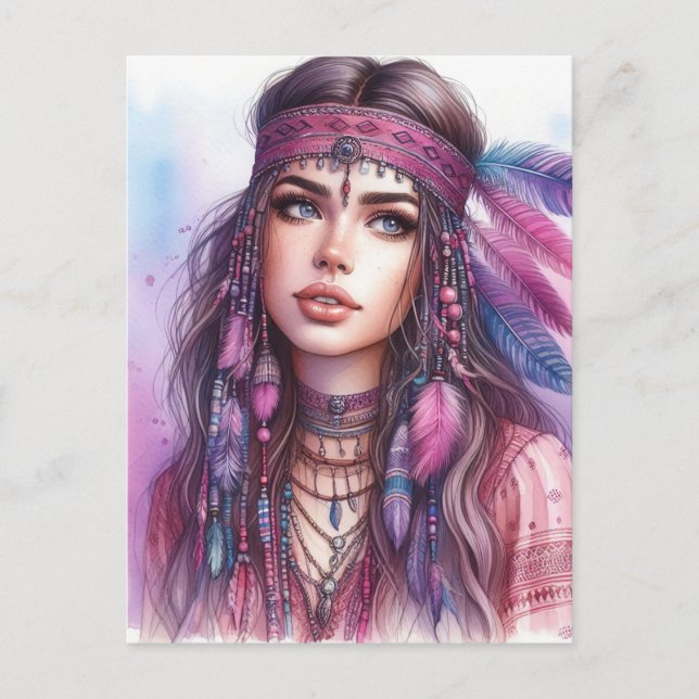Postal Arte de IA de Chica Boho Moda Bohemia (Anverso)