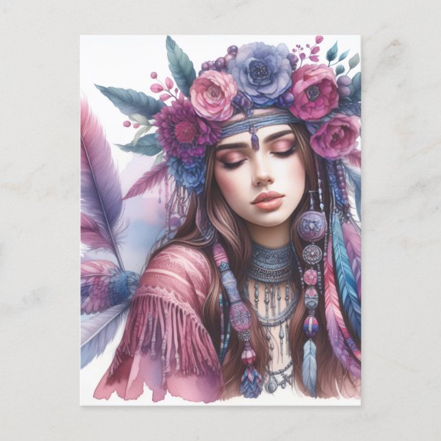 Postal Arte de IA de Chica Boho Moda Bohemia (Anverso)