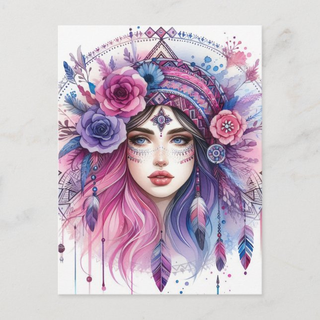 Postal Arte de IA de Chica Boho Moda Bohemia (Anverso)
