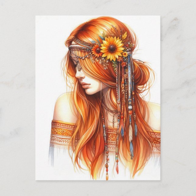 Postal Arte de IA de Chica Boho Moda Bohemia (Anverso)