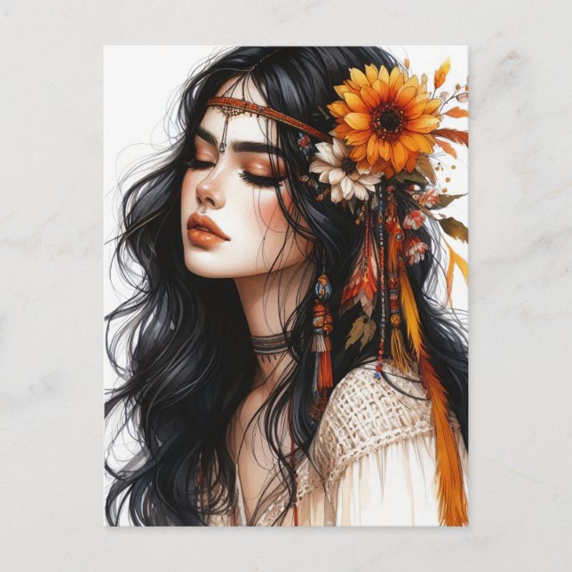 Postal Arte de IA de Chica Boho Moda Bohemiana (Anverso)