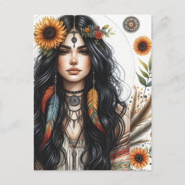 Postal Arte de IA de Chica Boho Moda Bohemiana (Anverso)