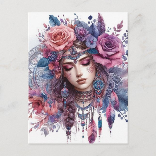 Postal Arte de IA de Chica Boho Moda Bohemiana (Anverso)