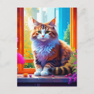 Postal Arte de IA de gato lindo sentado en la ventana de 