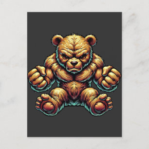 Postal Arte de ilustracion de color del oso Teddy muscula