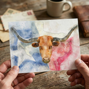 Postal Arte de Impresión en Acuarela de Vaca y Bandera de