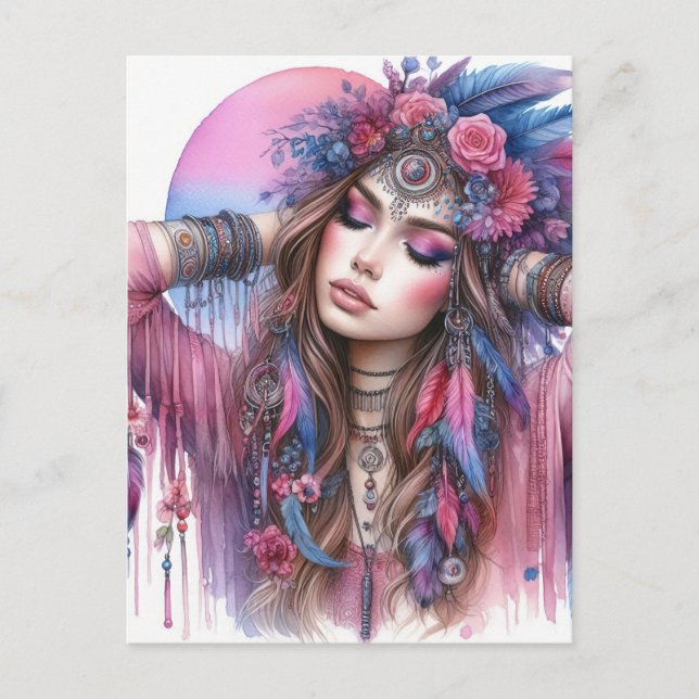 Postal Arte de Inteligencia Artificial de Chica Boho Moda (Anverso)