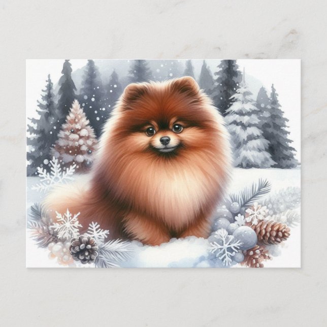 Postal Arte de invierno de Cute Brown Pomeranian (Anverso)