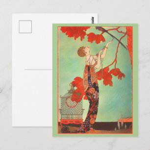 Postal Arte de jardín jaula de pájaros loro Art Nouveau f