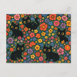 Postal Arte de jardín Kawaii Patrón floral de gato negr