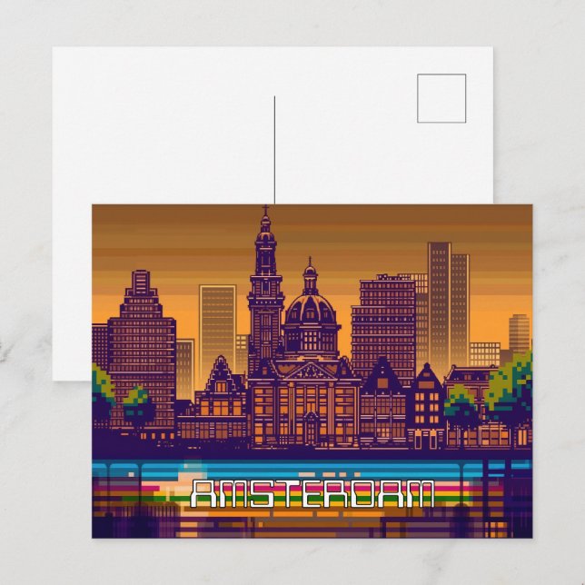 Postal Arte de juegos en 2D Pixelado Amsterdam (Anverso / Reverso)