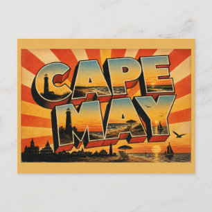 Postal Arte de la bahía y la playa del faro de Cape May N