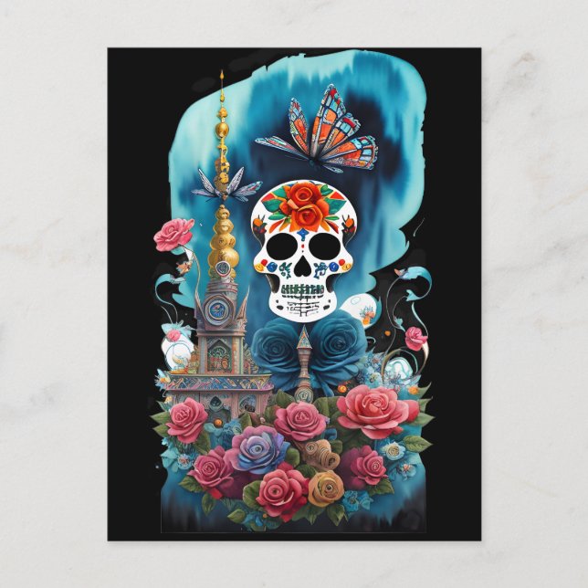 Postal Arte de la calavera del azúcar - Altar colorido (Anverso)