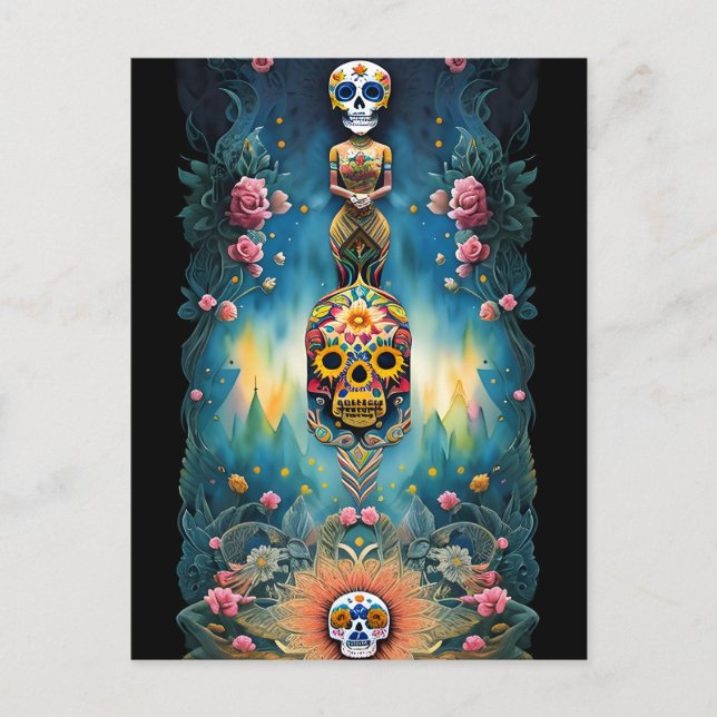 Postal Arte de la Calavera del Azúcar - Día de los Muerto (Anverso)