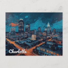 Postal Arte de la ciudad nocturna de Charlotte NC Uptown