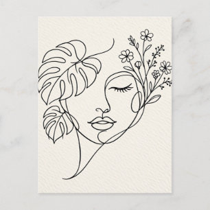 Postal Arte de línea de cara floral Monstera