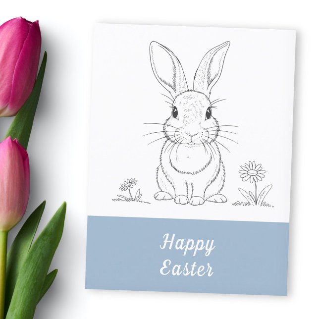Postal Arte de línea de conejo cutáneo - Feliz Pascua (Cute Rabbit Line Art - Happy Easter Postcard)