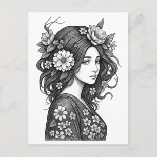 Postal Arte de línea de mujer floral romántica