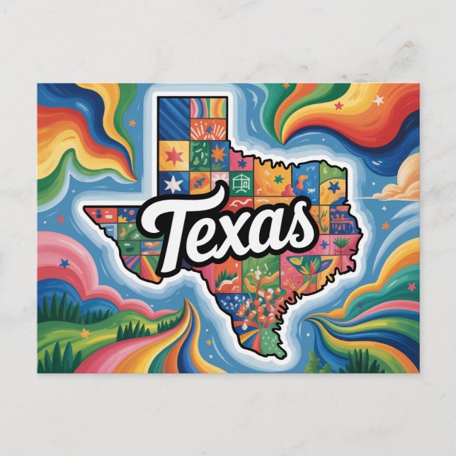 Postal Arte de mapa conceptual vibrante de Texas (Anverso)
