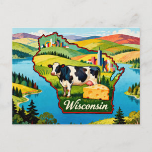 Postal Arte de mapa conceptual vibrante de Wisconsin