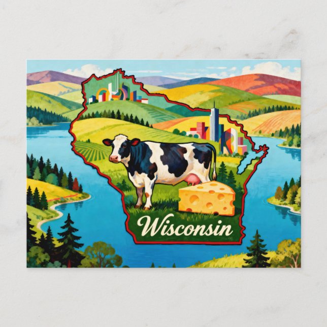 Postal Arte de mapa conceptual vibrante de Wisconsin (Anverso)
