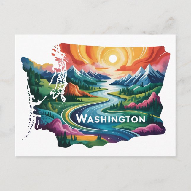 Postal Arte de mapa conceptual vibrante del estado de Was (Anverso)
