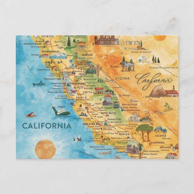 Postal Arte de Mapa de Acuarela Ilustrado de California (Anverso)