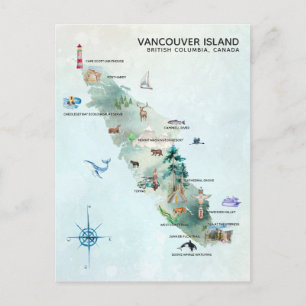 Postal Arte de mapa de la isla de Vancouver en acuarela