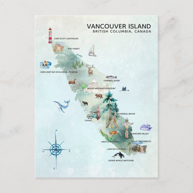 Postal Arte de mapa de la isla de Vancouver en acuarela (Anverso)