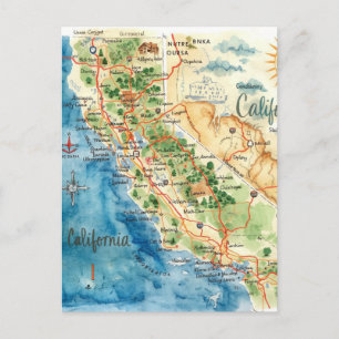 Postal Arte de mapa de viaje de California en acuarela vi