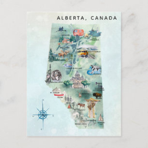 Postal Arte de Mapa Ilustrado de Alberta Canadá en Acuare