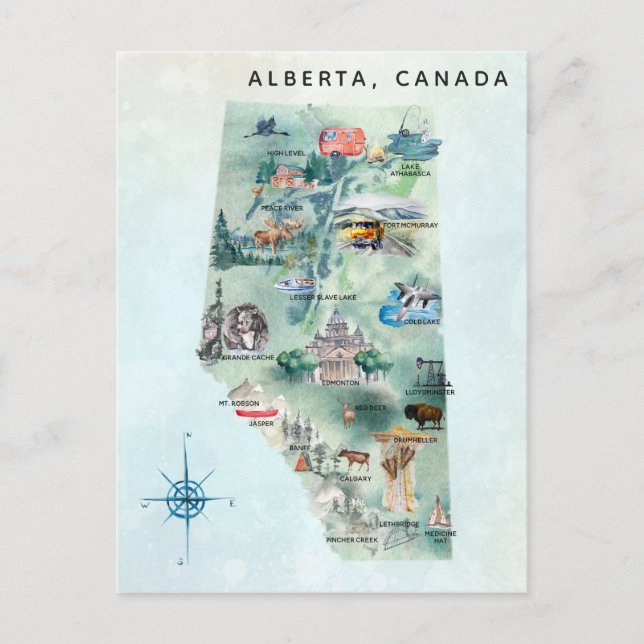 Postal Arte de Mapa Ilustrado de Alberta Canadá en Acuare (Anverso)