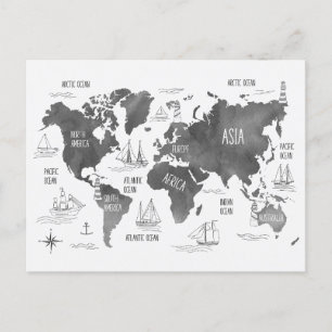 Postal Arte de Mapa Mundial Negro Blanco Náutico